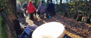 Gruppo di persone sedute in cerchio su tronchi d'albero in un bosco durante un ritiro di meditazione sciamanica con tamburo in primo piano.